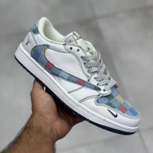 13793071 نایک ایر جردن وان لو لویی ویتون سفید جین چهارخونه رنگی Nike Air Jordan 1 Low Louis Vuitton White Checkered Denim