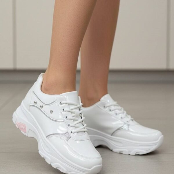 کتونی اسپرت لژدار فانتزی سفید نقره‌ای ورنی Women’s Platform Fashion White Silver Patent Sneakers