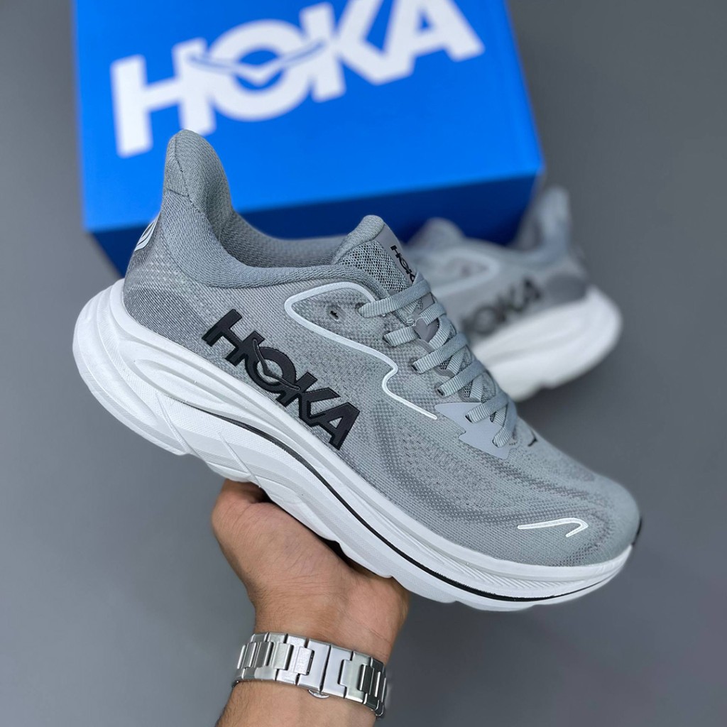 کفش هوکا کلیفتون 10 طوسی سفید مشکی Hoka Clifton 10