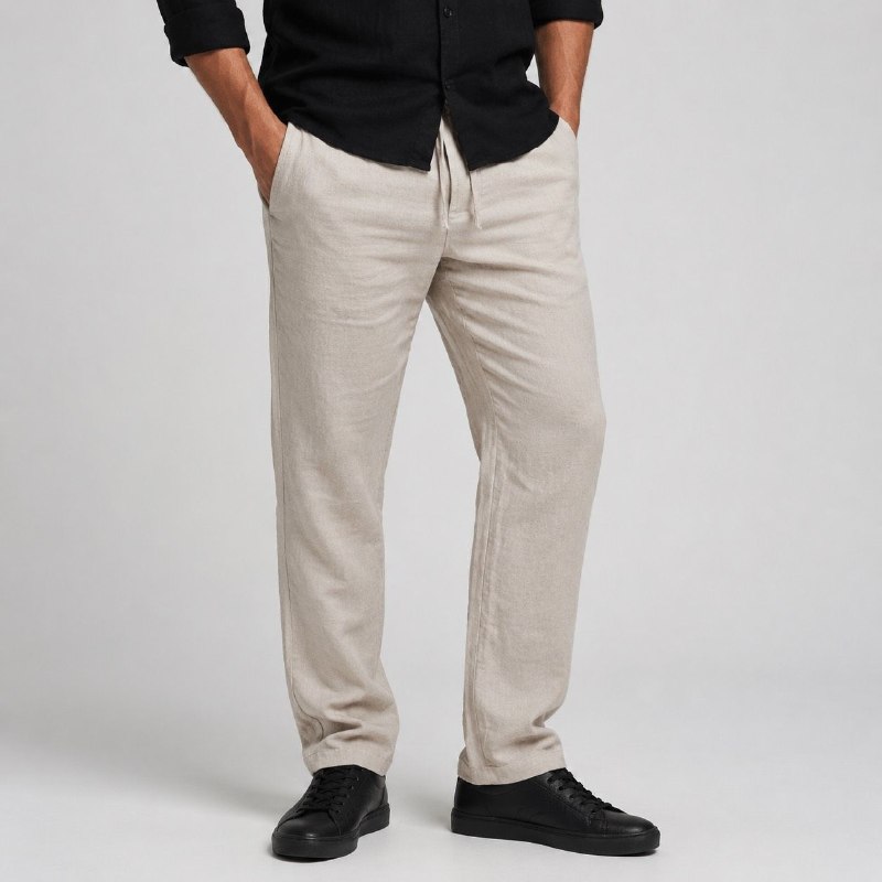 شلوار لینین نخی اورجینال مردانه رنگ کرمی برند pull&bear سفارش اسپانیایی مدل راسته کد 2039