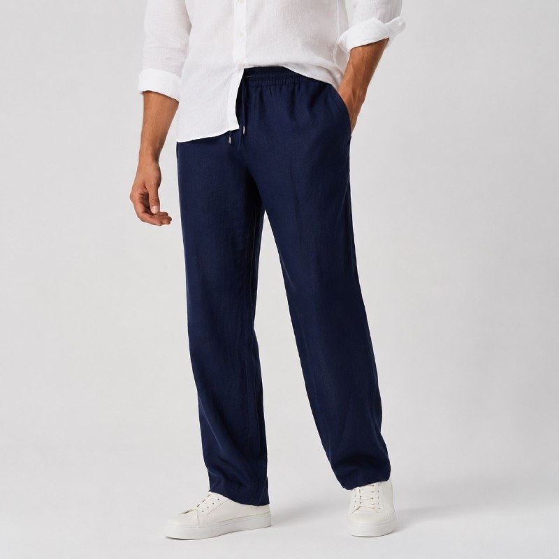 شلوار لینین نخی اورجینال مردانه رنگ سرمه ای برند pull&bear سفارش اسپانیایی مدل راسته کد 2042