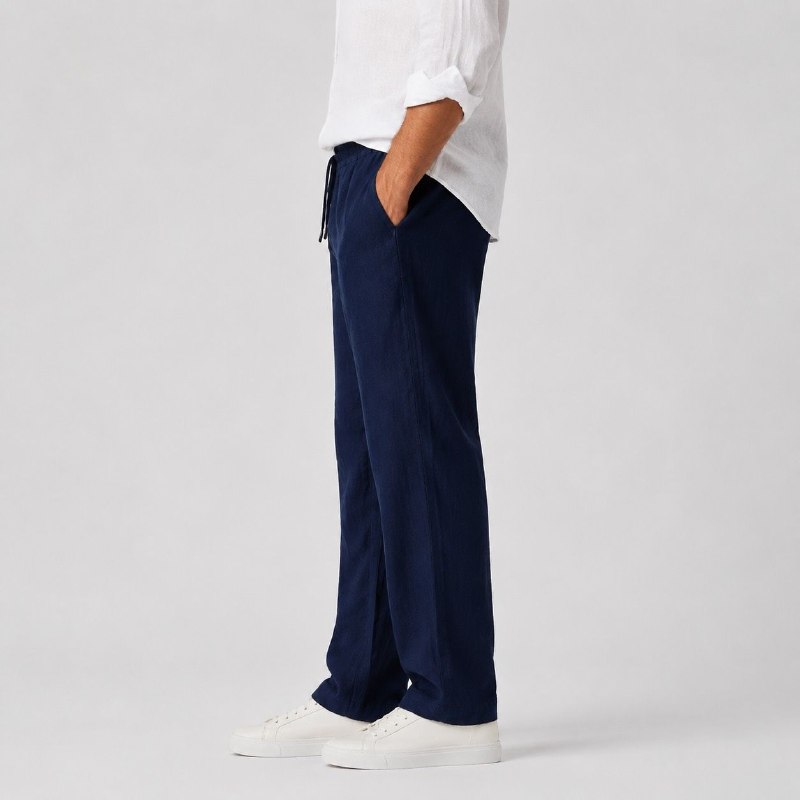 5875324715163914162 شلوار لینین نخی اورجینال مردانه رنگ سرمه ای برند pull&bear سفارش اسپانیایی مدل راسته کد 2042