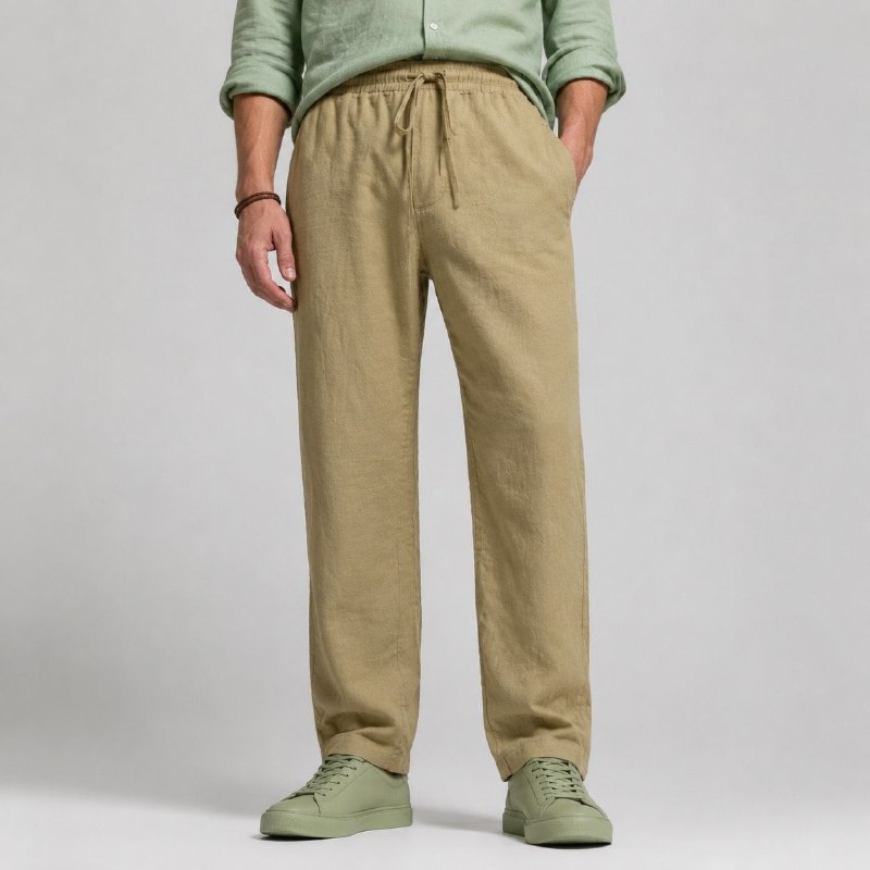 شلوار لینین نخی اورجینال مردانه رنگ نخودی برند pull&bear سفارش اسپانیایی مدل راسته کد 2043