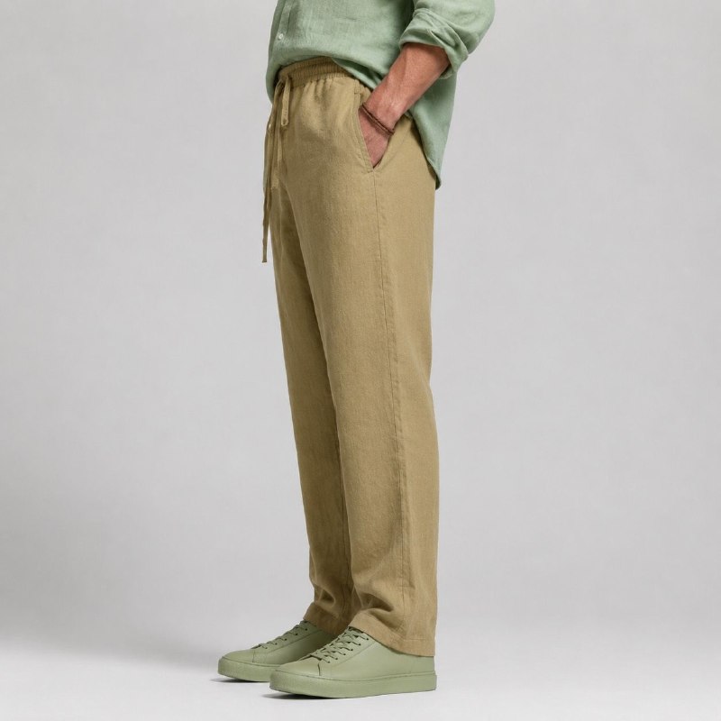شلوار لینین نخی اورجینال مردانه رنگ نخودی برند pull&bear سفارش اسپانیایی مدل راسته کد 2043