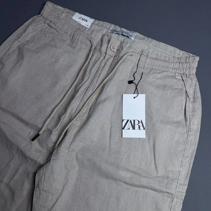 Zara-mens-light-khaki-linen-pants-regular-straight-model-code-37-4 شلوار لینین اورجینال مردانه رنگ نسکافه ای برند Zara سفارش اسپانیایی مدل نیم بگ کد 2034