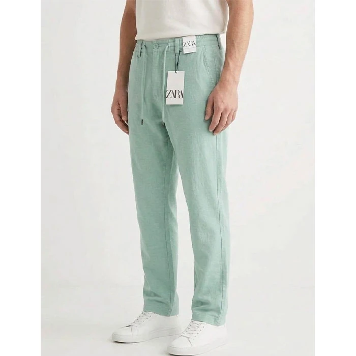 Zara-mens-navy-green-linen-pants-regular-straight-model-size-36-3 شلوار لینین اورجینال مردانه رنگ سبز دریایی برند Zara سفارش اسپانیایی مدل نیم بگ کد 2035