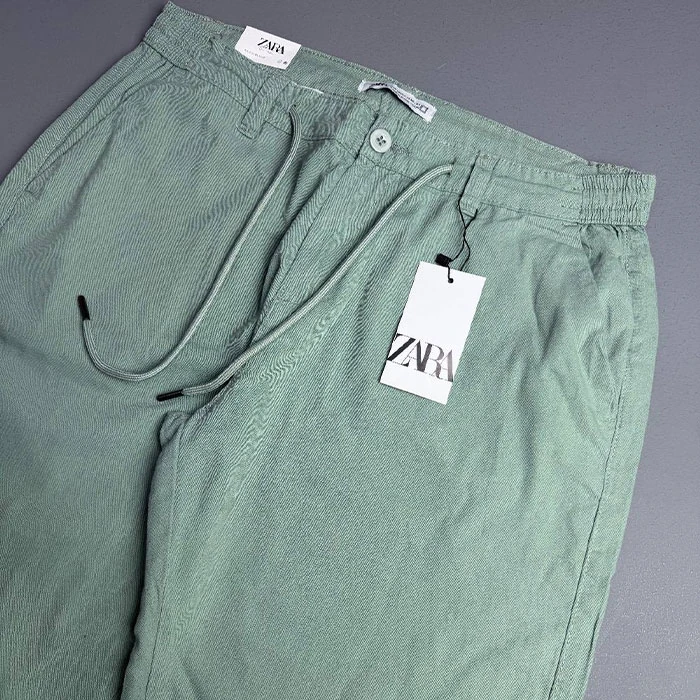 Zara-mens-navy-green-linen-pants-regular-straight-model-size-36-4 شلوار لینین اورجینال مردانه رنگ سبز دریایی برند Zara سفارش اسپانیایی مدل نیم بگ کد 2035