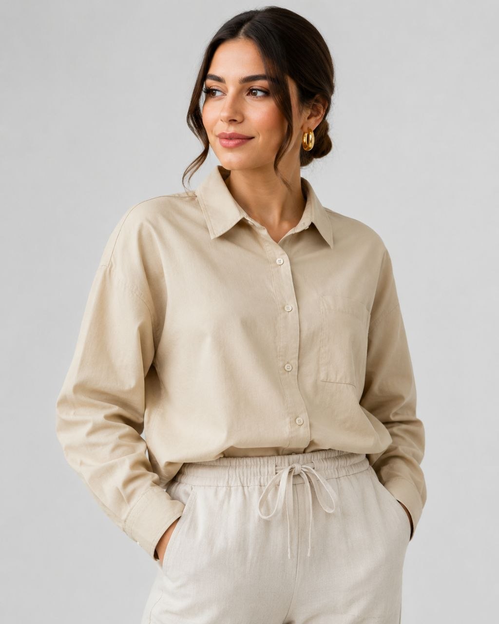شومیز کتان نخی باکیفیت و بسیار خنک از برند Bershka اسپانیایی کرمی کد 2106