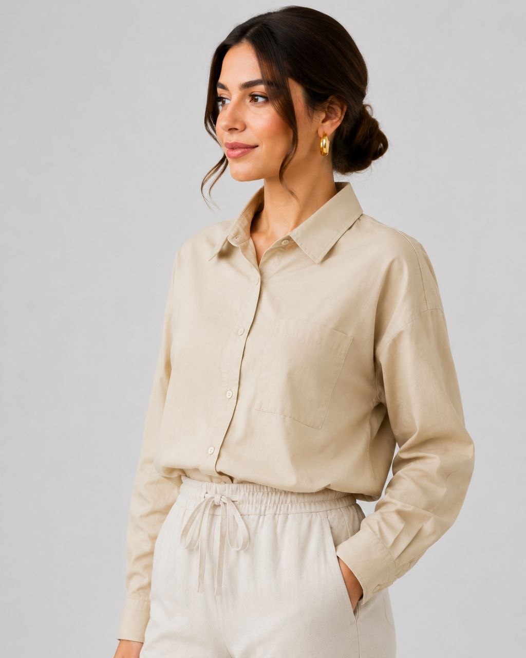 شومیز کتان نخی باکیفیت و بسیار خنک از برند Bershka اسپانیایی کرمی کد 2106