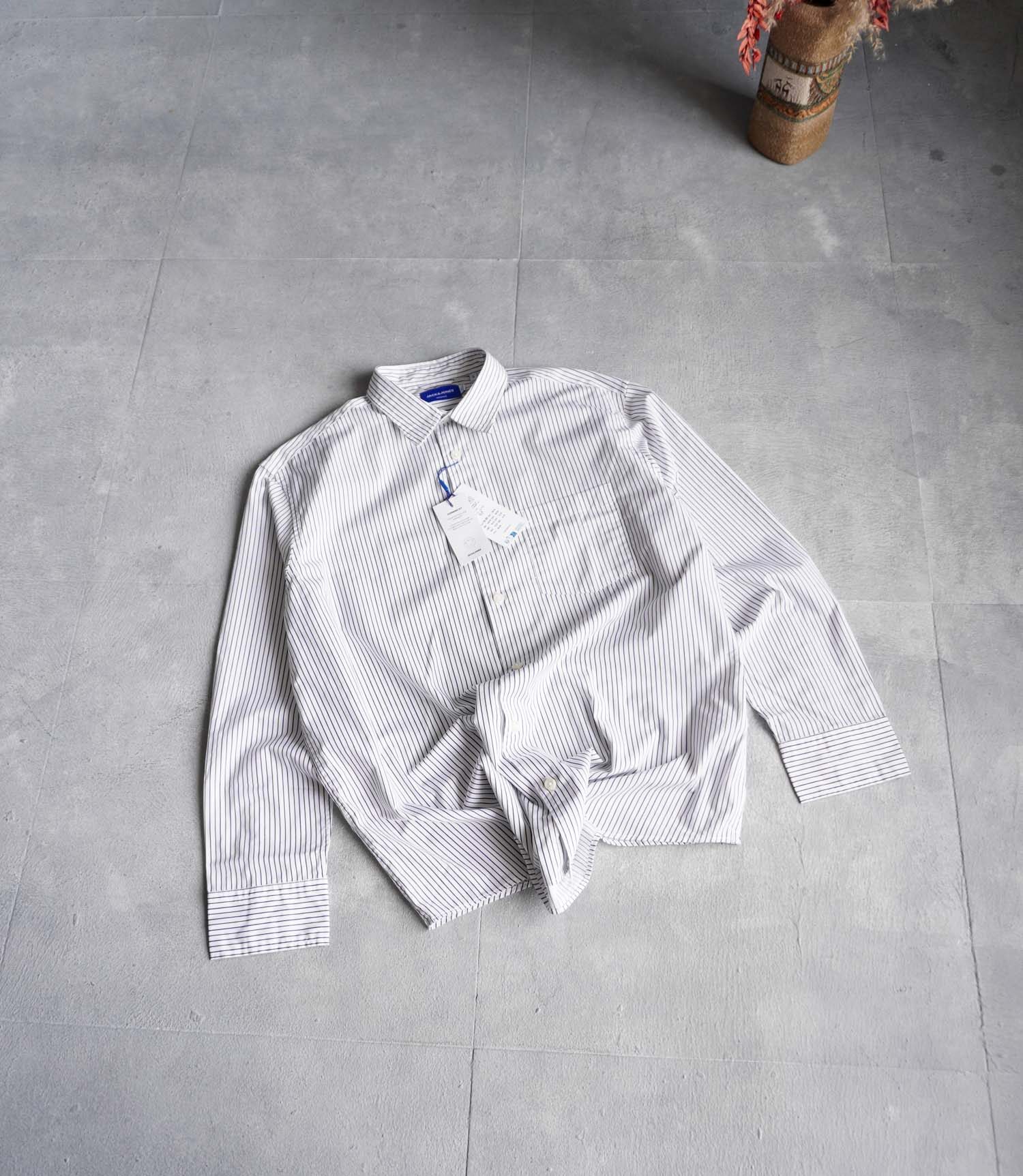 پیراهن نخی آستین بلند اورسایز سفید راه راه Jack&Jones